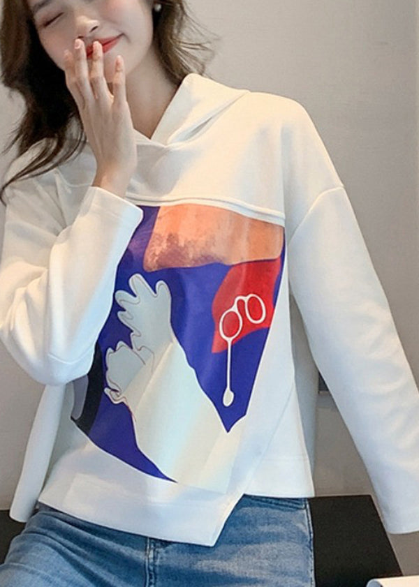 French White Asymmetrical Hooded Cotton Loose Sweatshirts Top Fall