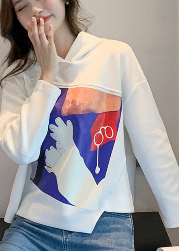 French White Asymmetrical Hooded Cotton Loose Sweatshirts Top Fall - Omychic