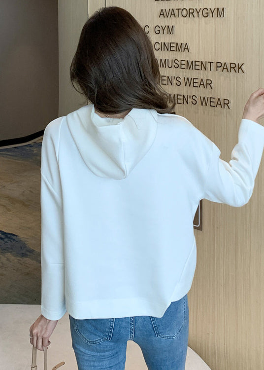 French White Asymmetrical Hooded Cotton Loose Sweatshirts Top Fall - Omychic