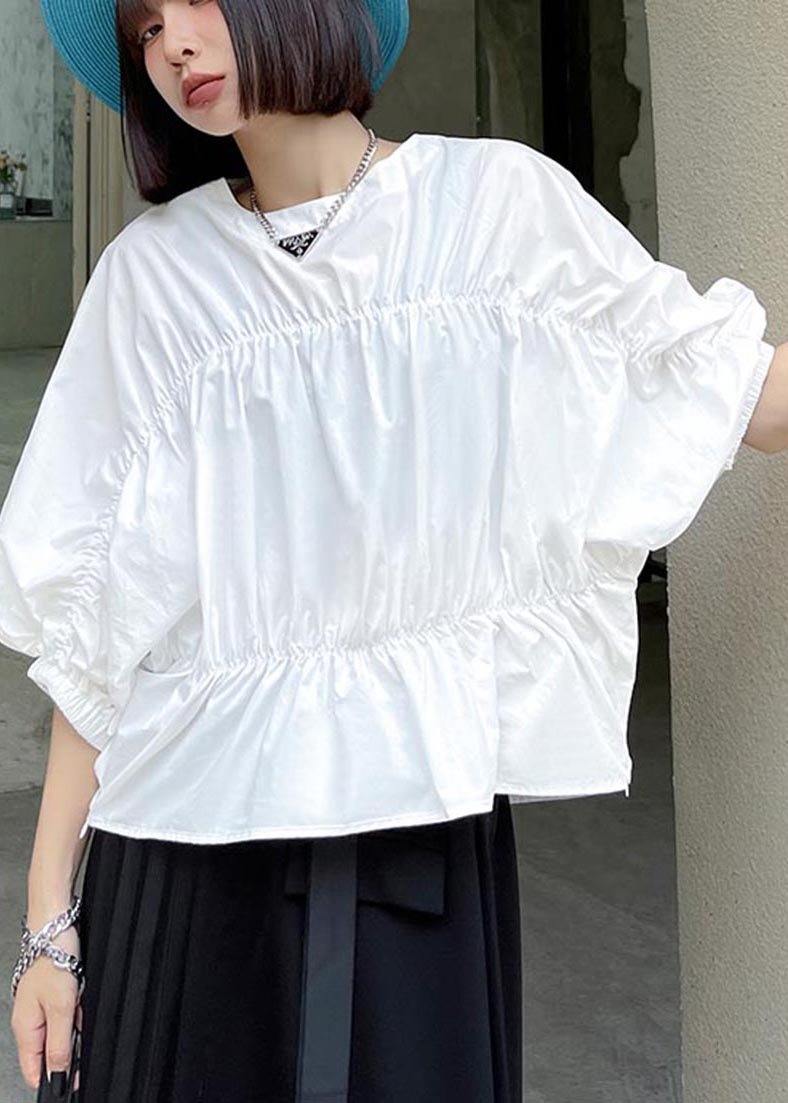 French White Cinched Batwing Sleeve Shirts Summer - Omychic