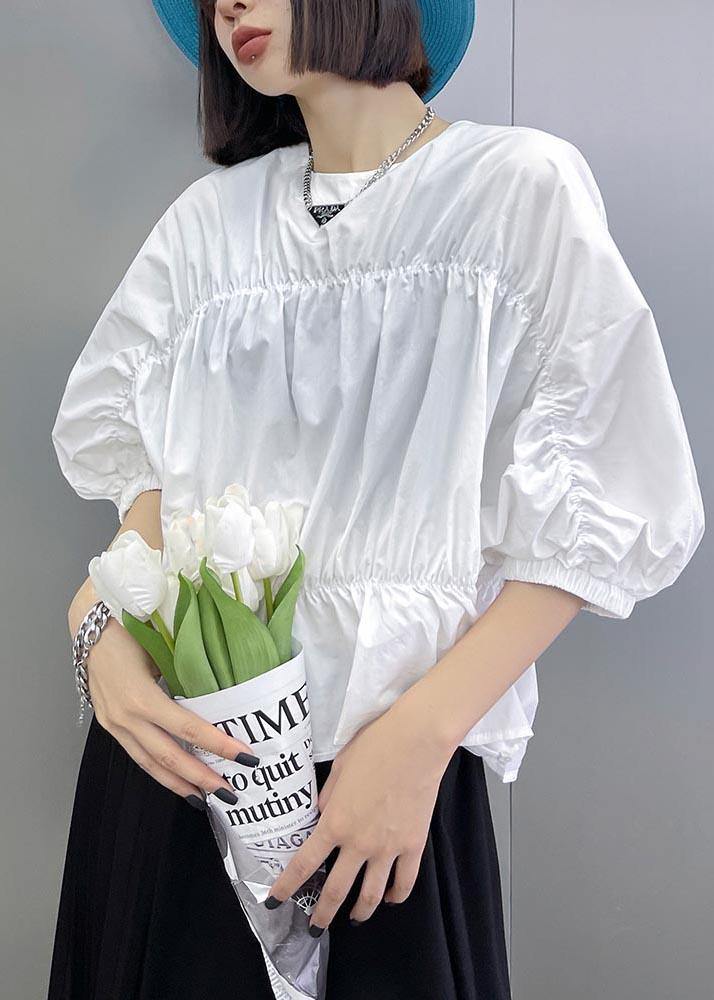 French White Cinched Batwing Sleeve Shirts Summer - Omychic