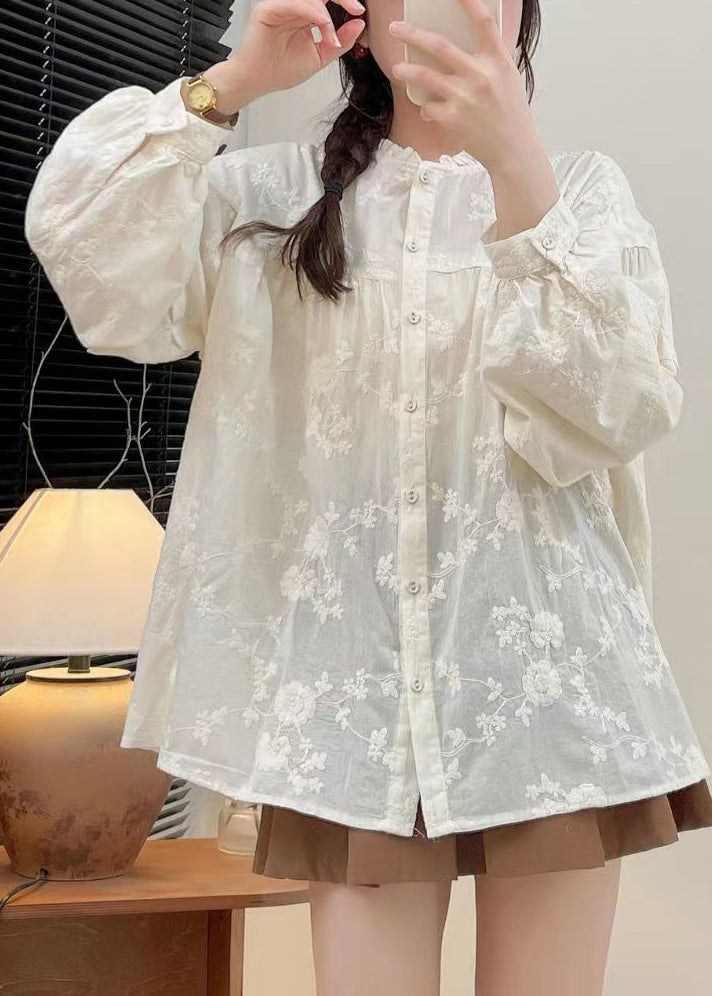 French White Embroidered Button Cotton Shirt Long Sleeve