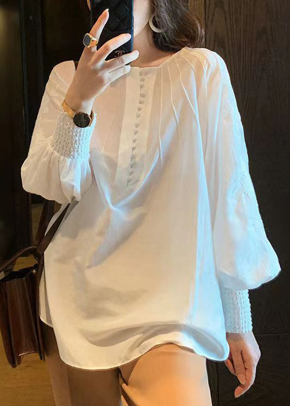 French White Embroideried Button Cotton Shirts Lantern Sleeve