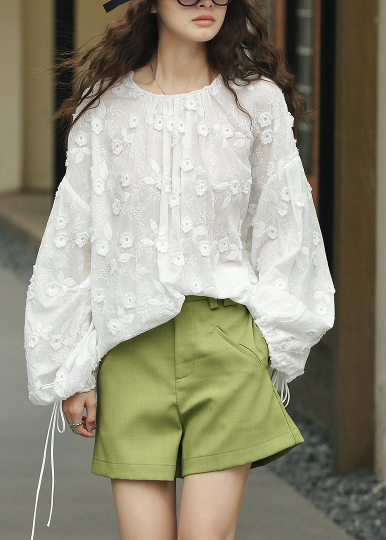 French White Embroideried Lace Up Patchwork Cotton Shirt Top Lantern Sleeve