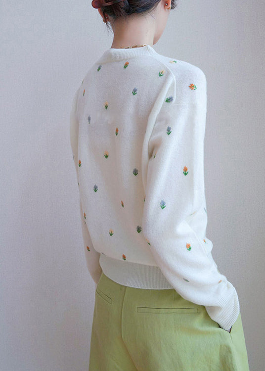 French White O Neck Embroideried Knit Sweater Fall