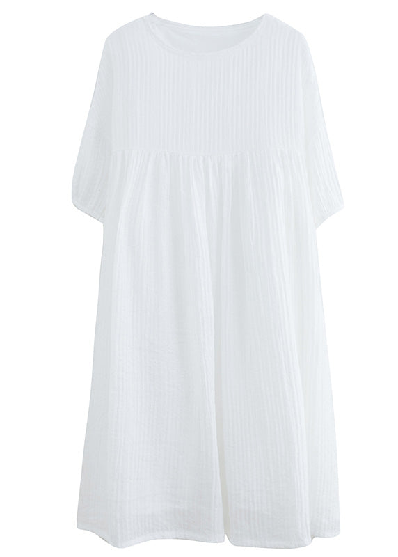 French White O-Neck Patchwork Maxi Dress Short Sleeve