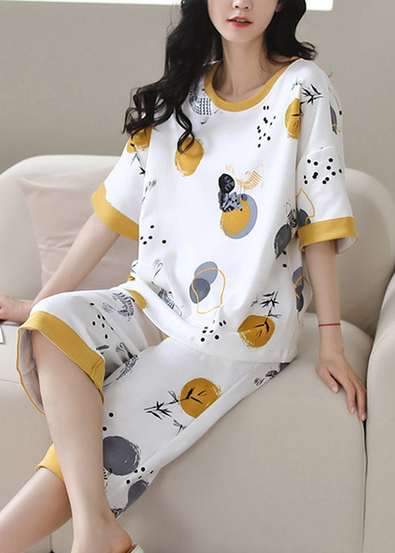 French White O-Neck Print Cotton Pajamas Two Piece Set Summer