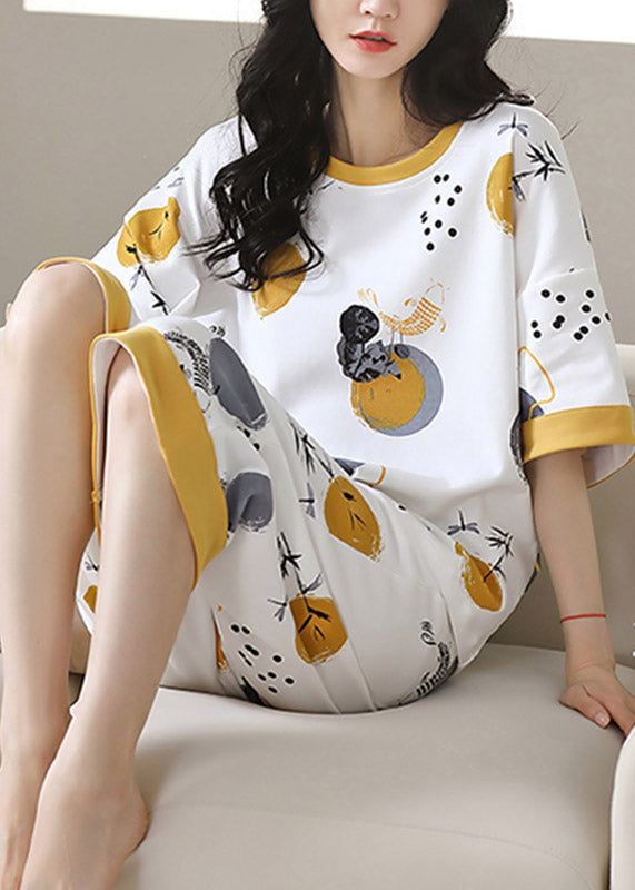 French White O-Neck Print Cotton Pajamas Two Piece Set Summer