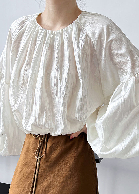 French White O Neck Wrinkled Patchwork Silk Top Lantern Sleeve