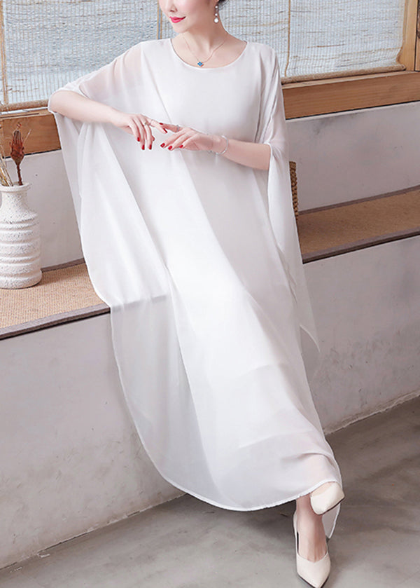 French White Oversized Chiffon Long Dress Two Pieces Set Cloak Sleeves