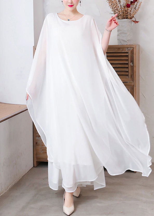 French White Oversized Chiffon Long Dress Two Pieces Set Cloak Sleeves