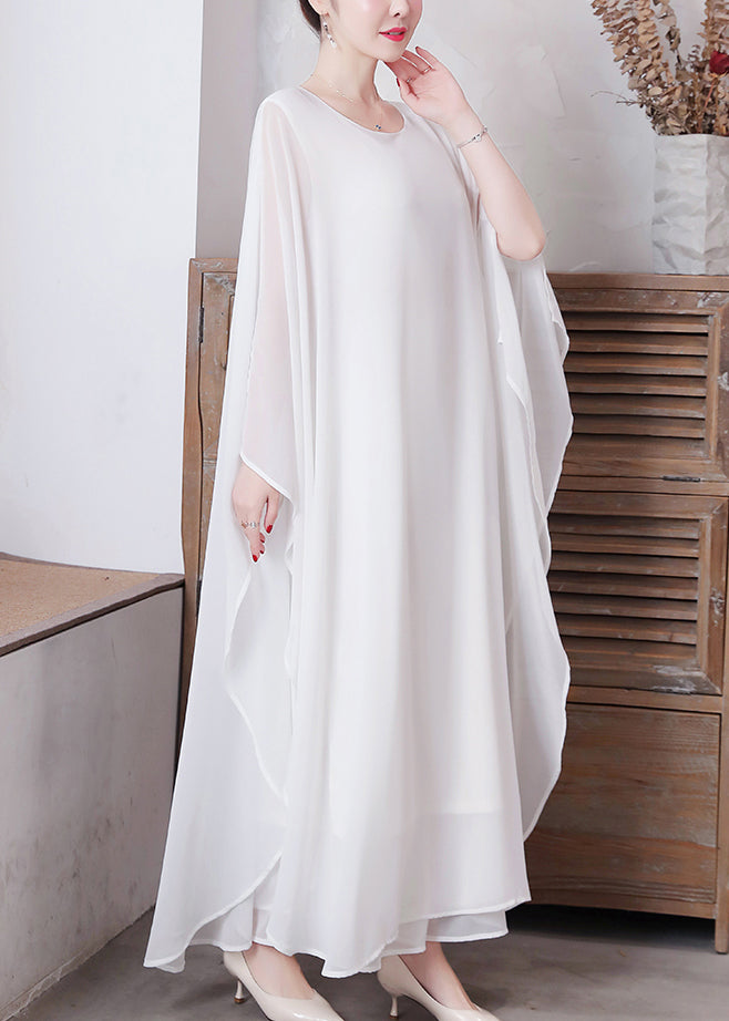 French White Oversized Chiffon Long Dress Two Pieces Set Cloak Sleeves