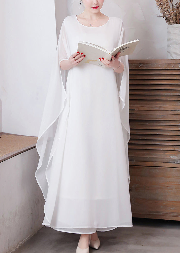 French White Oversized Chiffon Long Dress Two Pieces Set Cloak Sleeves