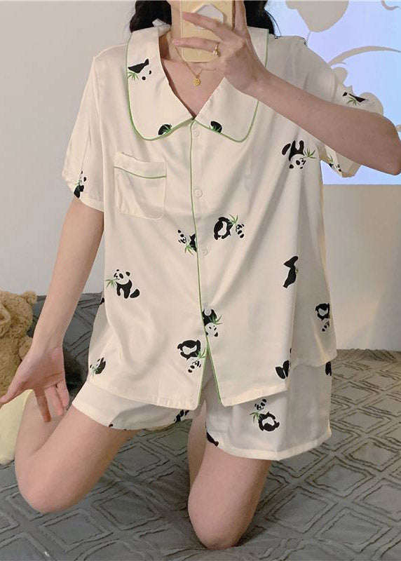 French White Peter Pan Collar Animal Print Patchwork Ice Silk Pajamas Two Piece Set Summer