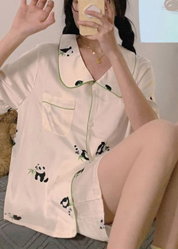 French White Peter Pan Collar Animal Print Patchwork Ice Silk Pajamas Two Piece Set Summer