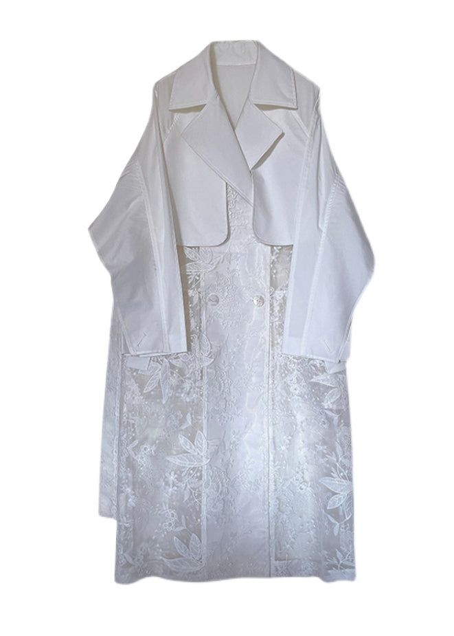 French White Peter Pan Collar Pockets Patchwork Lace Trench Fall