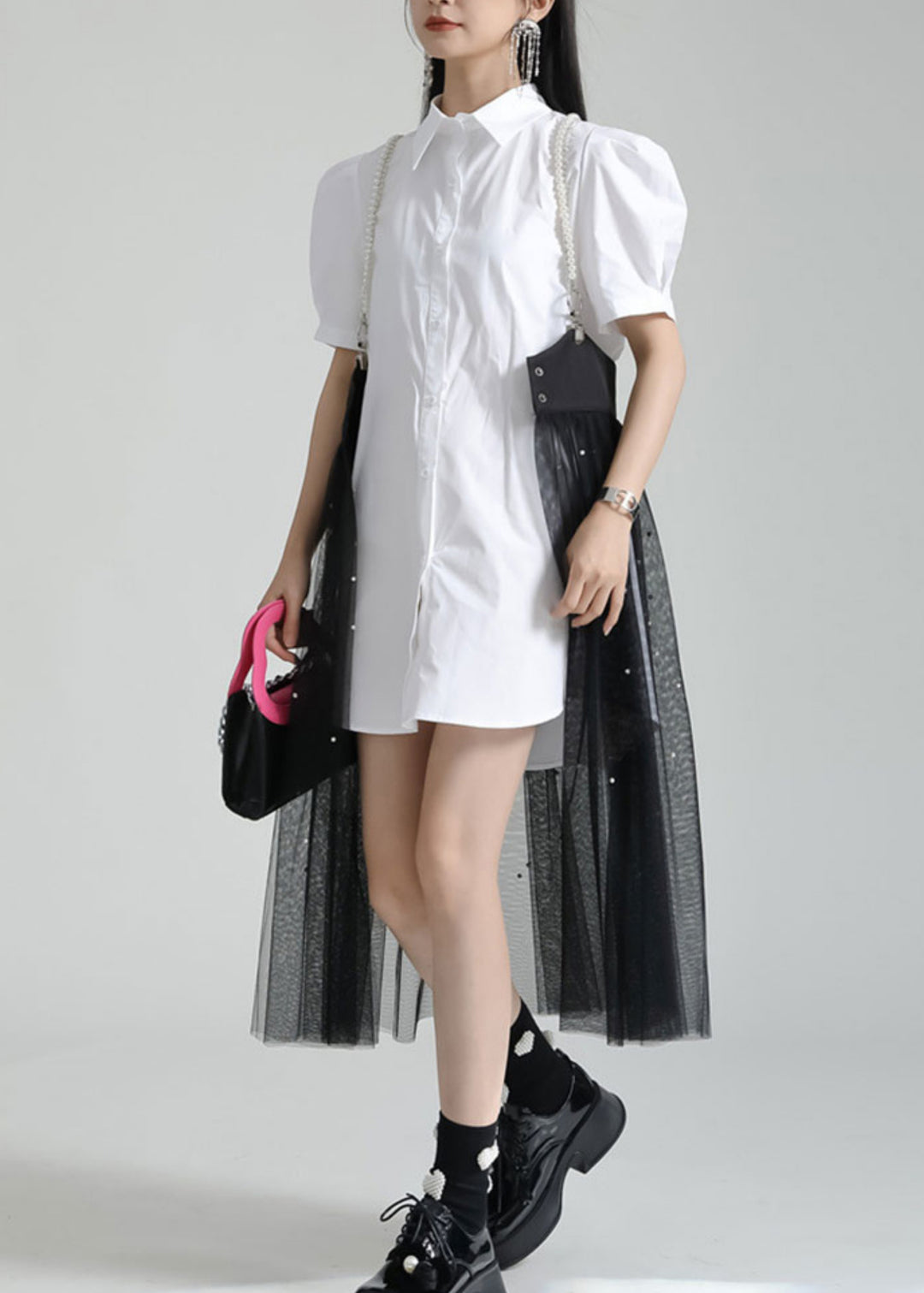 French White Peter Pan Collar Shirt Dresses And Tulle Skirt Two Pieces Set Summer