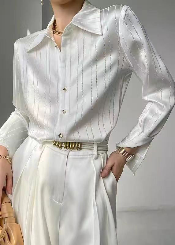 French White Peter Pan Collar Striped Silk Shirts Long Sleeve