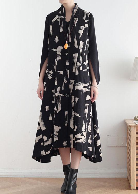 French White Print Pockets Cotton Dress Asymmetrical Design Waistcoat Fall Long Dress - Omychic