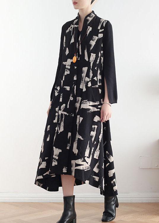 French White Print Pockets Cotton Dress Asymmetrical Design Waistcoat Fall Long Dress - Omychic