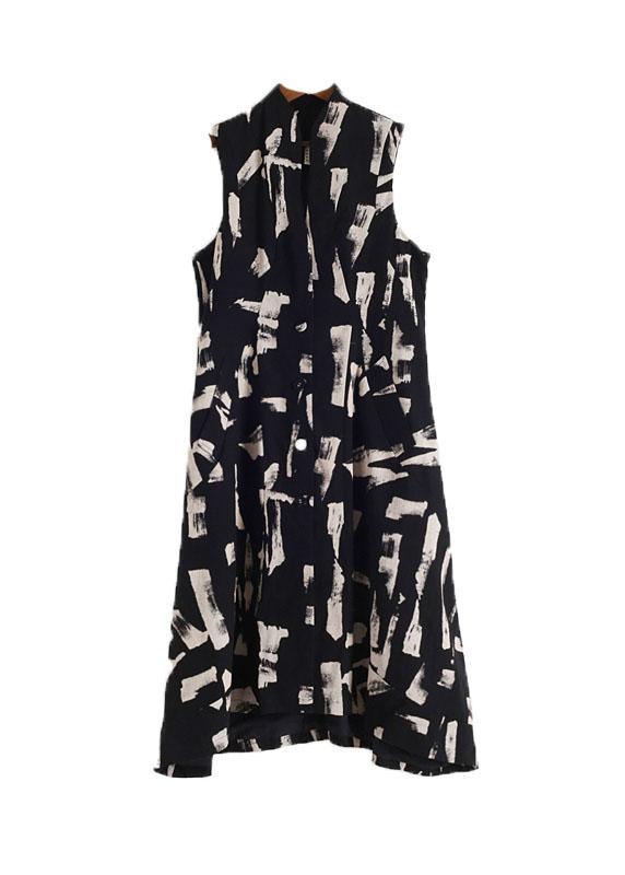 French White Print Pockets Cotton Dress Asymmetrical Design Waistcoat Fall Long Dress - Omychic