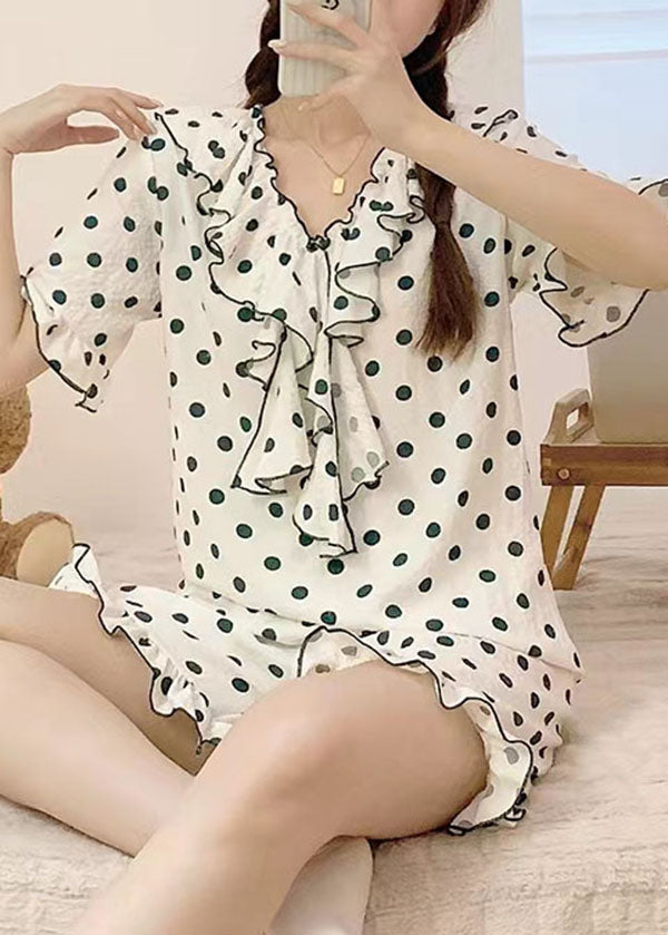 French White Ruffled Dot Patchwork Knitting Cotton Pajamas Outfit Summer