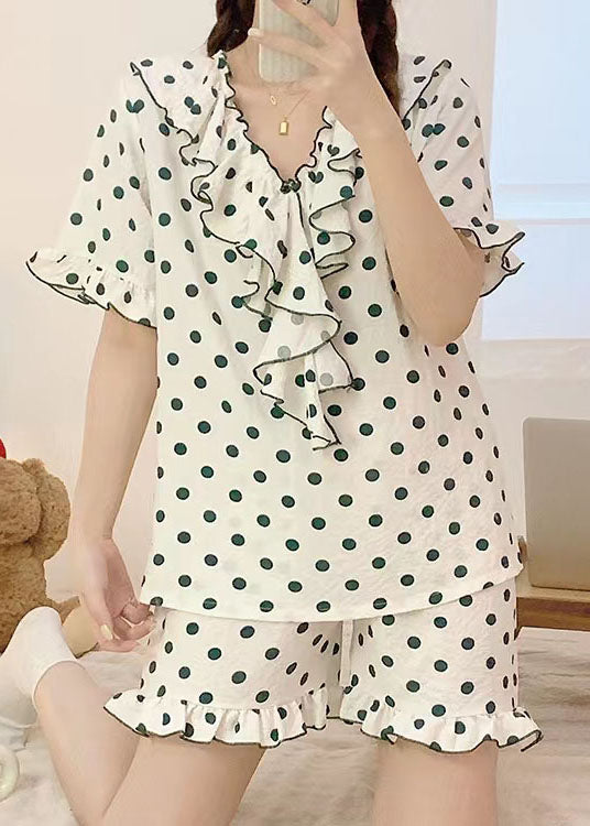 French White Ruffled Dot Patchwork Knitting Cotton Pajamas Outfit Summer