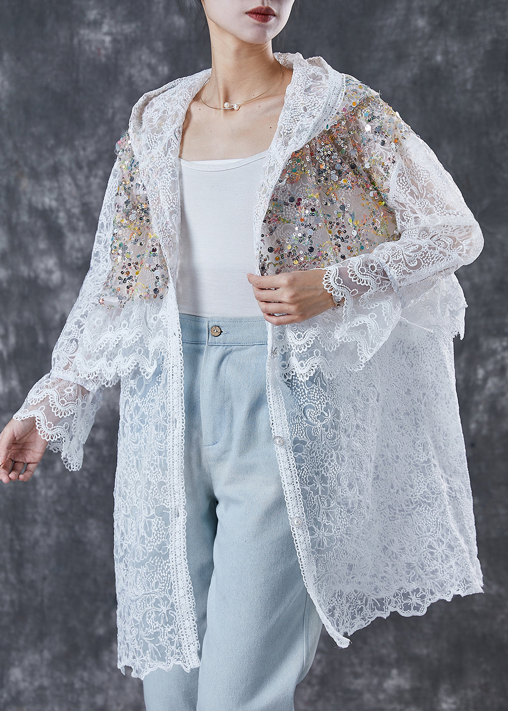 French White Sequins Hollow Out Lace Jackets Spring