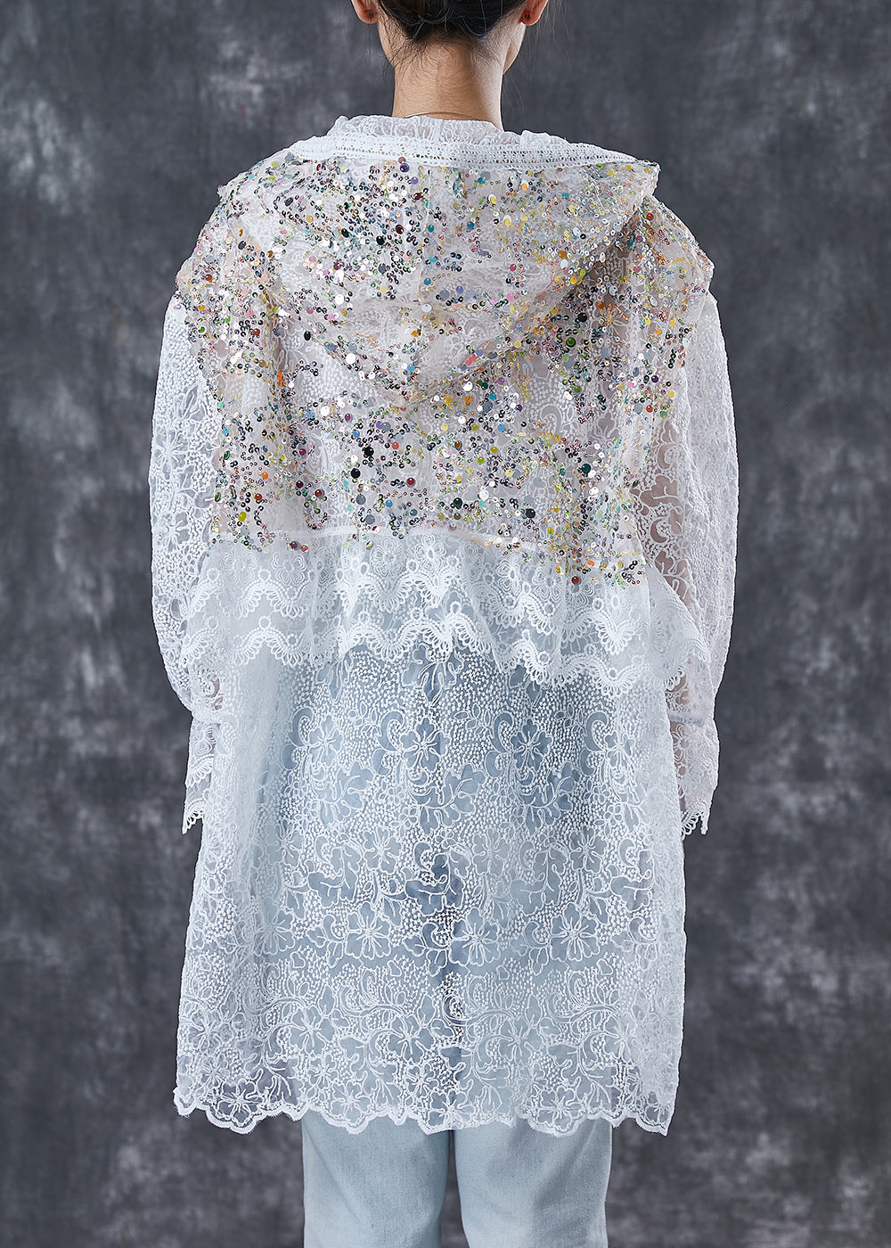 French White Sequins Hollow Out Lace Jackets Spring