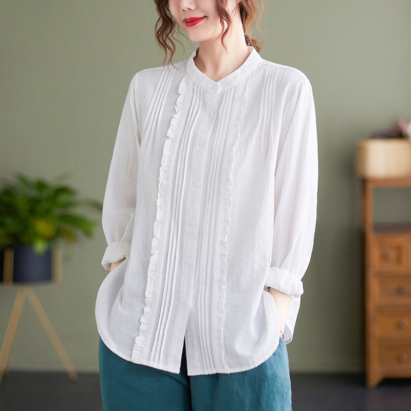 French White Stand Collar Button Ruffled Blouses Long Sleeve