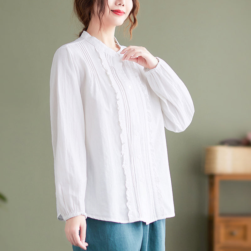French White Stand Collar Button Ruffled Blouses Long Sleeve