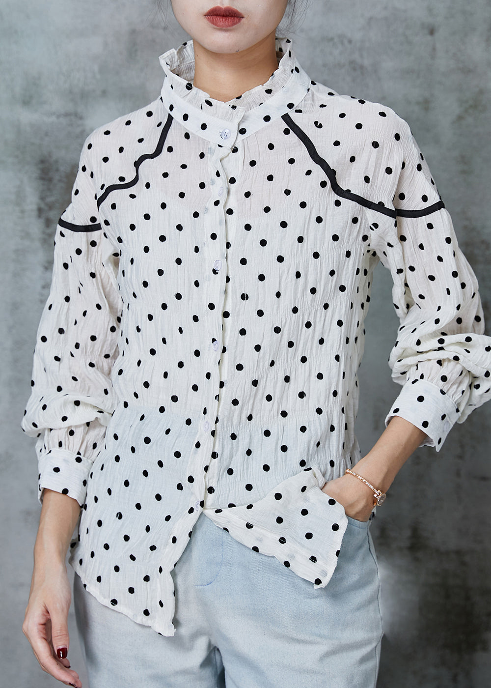 French White Stand Collar Dot Cotton Shirt Tops Spring