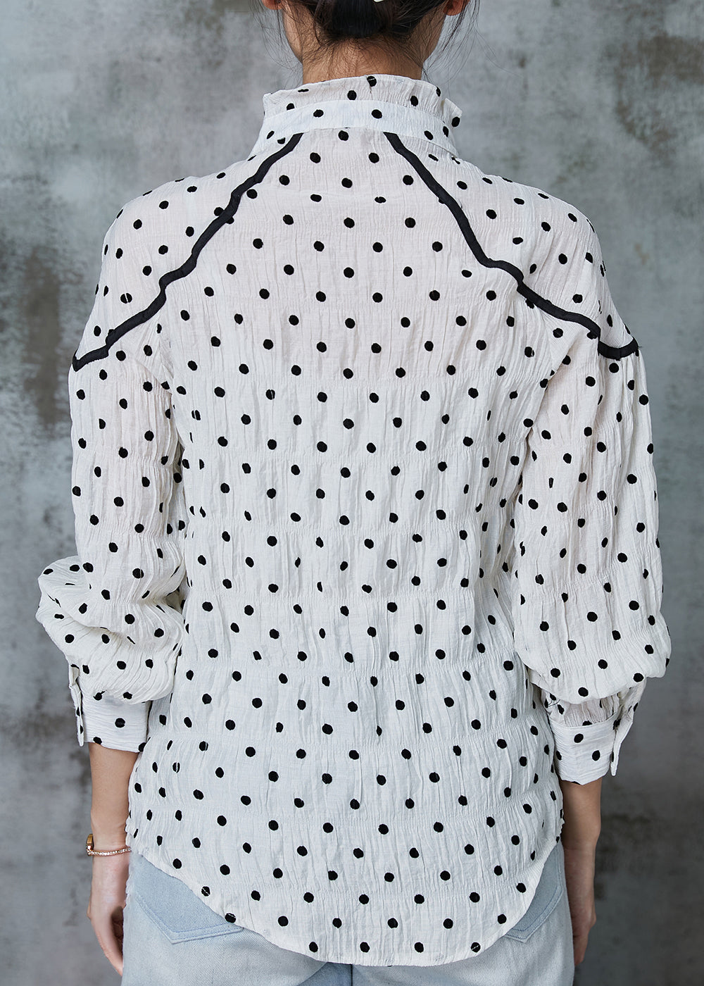 French White Stand Collar Dot Cotton Shirt Tops Spring
