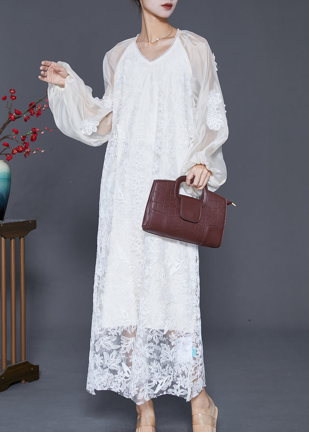 French White Stereoscopic Floral Lace Long Dresses Fall