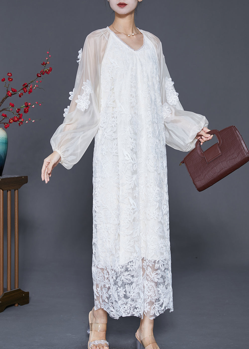 French White Stereoscopic Floral Lace Long Dresses Fall