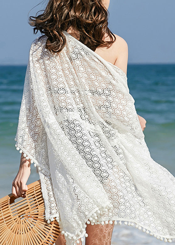 White V Neck Hollow Out Tie Waist Cardigan Cover Ups