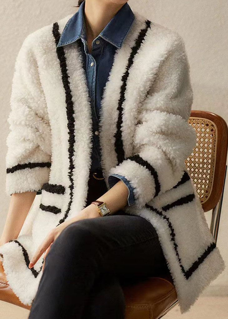 French White V Neck Pockets Patchwork Wool Coats Winter
