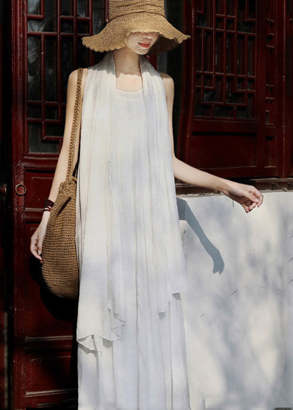 French White Wrinkled Linen Spaghetti Strap Dress And Shawl Two Pieces Set Summer