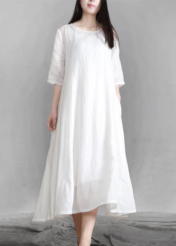 French White zippered Linen Pockets Half Sleeve Summer Dress - Omychic