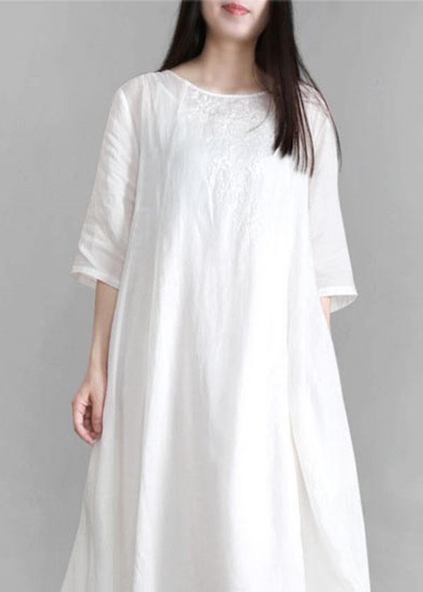 French White zippered Linen Pockets Half Sleeve Summer Dress - Omychic