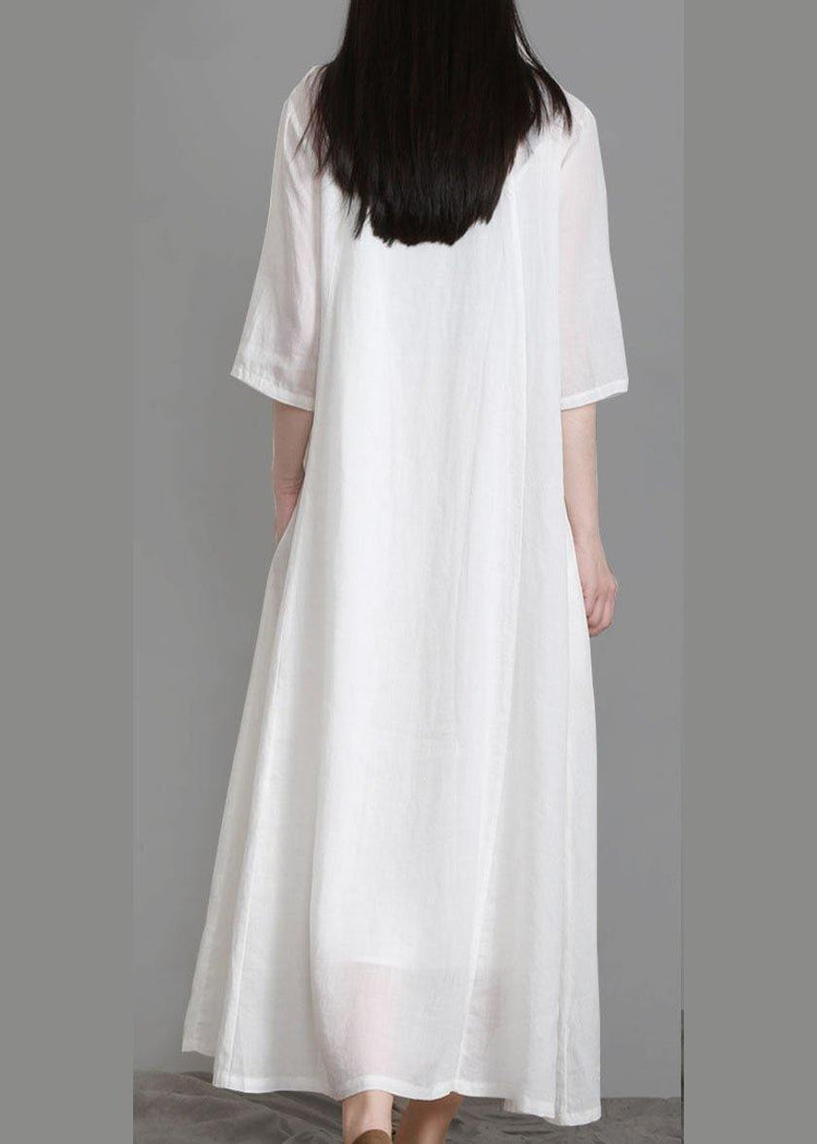 French White zippered Linen Pockets Half Sleeve Summer Dress - Omychic