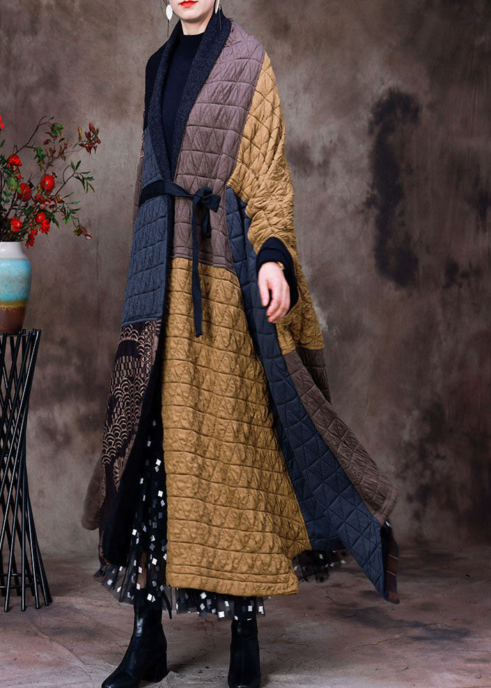 French Yellow Coffee Asymmetrical Patchwork Fine Cotton Filled Coats Winter