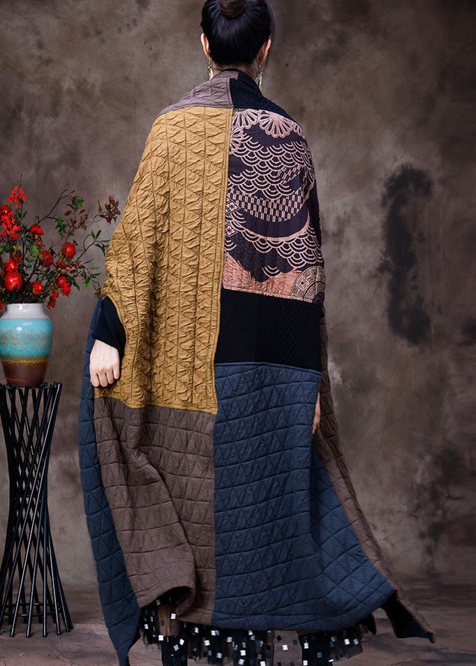 French Yellow Coffee Asymmetrical Patchwork Fine Cotton Filled Coats Winter