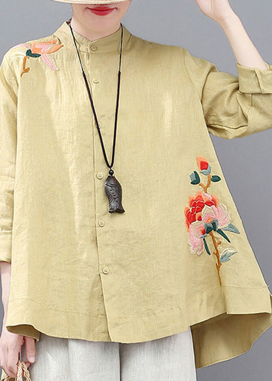 French Yellow Embroideried Low High Design Shirts Shirts Spring
