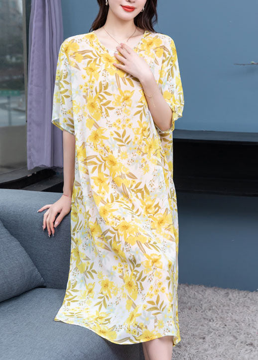 French Yellow O Neck Print Patchwork Chiffon Mid Dresses Summer
