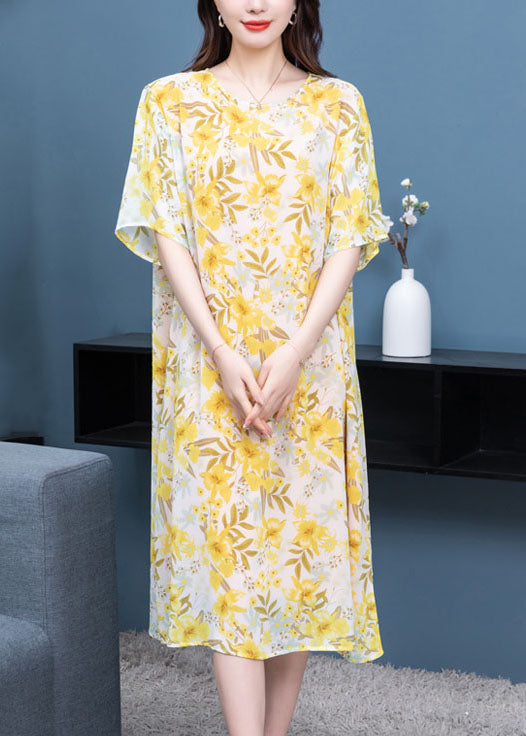 French Yellow O Neck Print Patchwork Chiffon Mid Dresses Summer