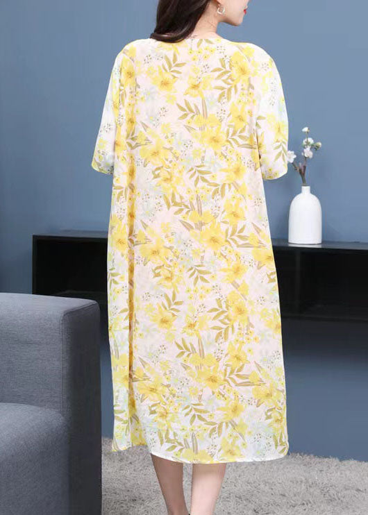 French Yellow O Neck Print Patchwork Chiffon Mid Dresses Summer