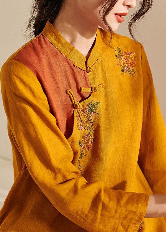 French Yellow Oriental Side Open Summer Linen Top - Omychic