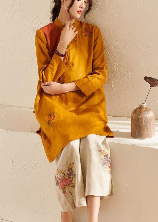 French Yellow Oriental Side Open Summer Linen Top - Omychic