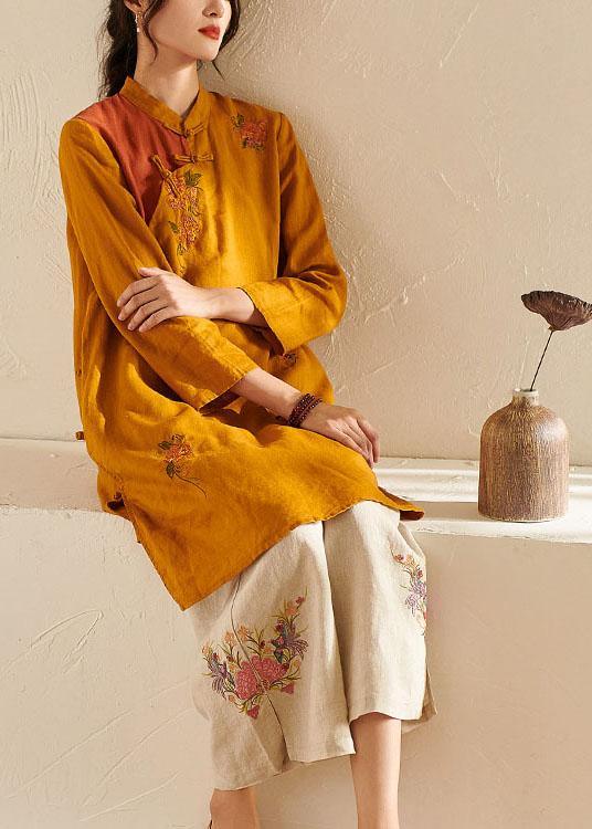 French Yellow Oriental Side Open Summer Linen Top - Omychic